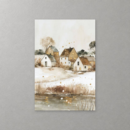 A cluster of white and ochre farmhouses sits above a frozen pond edged with rust-coloured reeds, under a pale winter sky — canvas wall art print