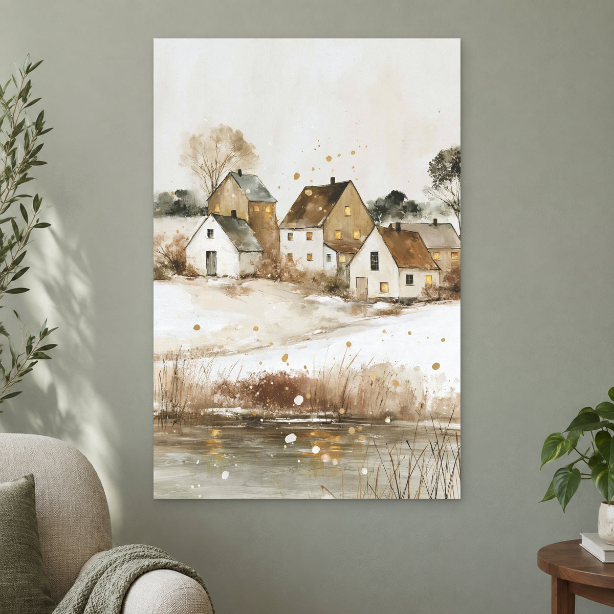 Prairie Farmhouse Frozen Lake canvas wall art on a sage green wall beside a cream armchair