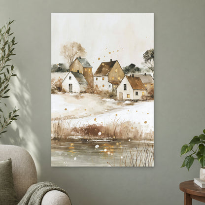 Prairie Farmhouse Frozen Lake canvas wall art on a sage green wall beside a cream armchair