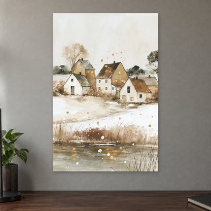 Prairie Farmhouse Frozen Lake canvas wall art on a taupe wall above a dark walnut sideboard with a potted plant
