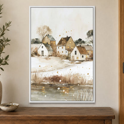 Prairie Farmhouse Frozen Lake framed canvas in a white floating frame on a cream wall above a wooden sideboard beside a door frame
