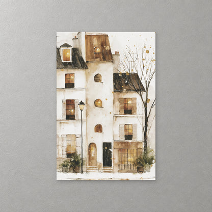 Tall white Paris buildings with warm amber windows, a street lamp and a bare tree stand in light snow, in soft brown and cream washes — canvas wall art print