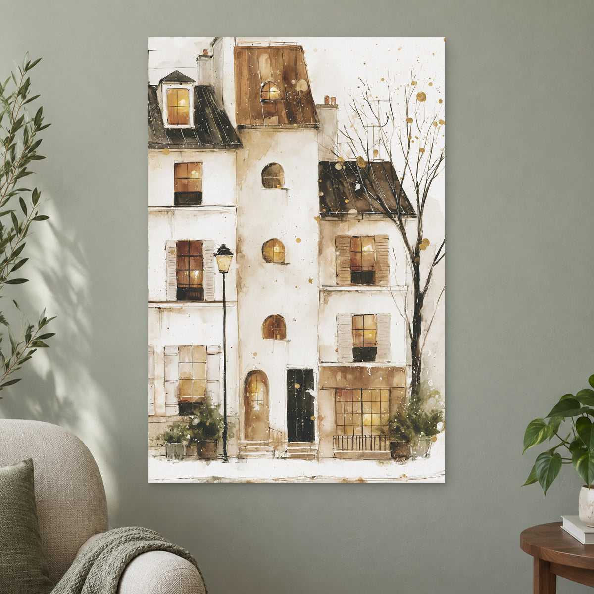 Snowy Paris Windows Watercolour canvas wall art on a sage green wall beside a cream armchair