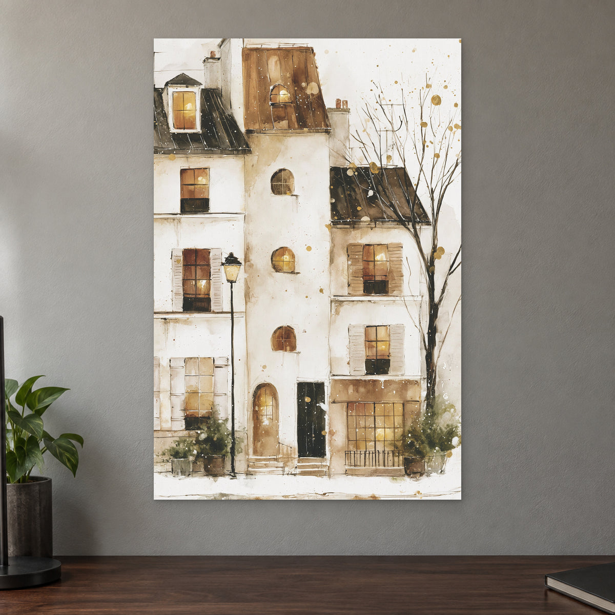 Snowy Paris Windows Watercolour canvas wall art on a taupe wall above a dark walnut sideboard with a potted plant