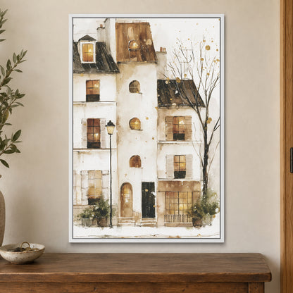 Snowy Paris Windows Watercolour framed canvas in a white floating frame on a cream wall above a wooden sideboard beside a door frame