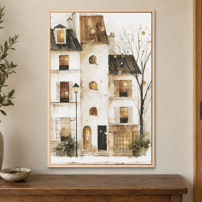 Snowy Paris Windows Watercolour framed canvas in a natural wood floating frame on a cream wall above a wooden sideboard beside a door frame