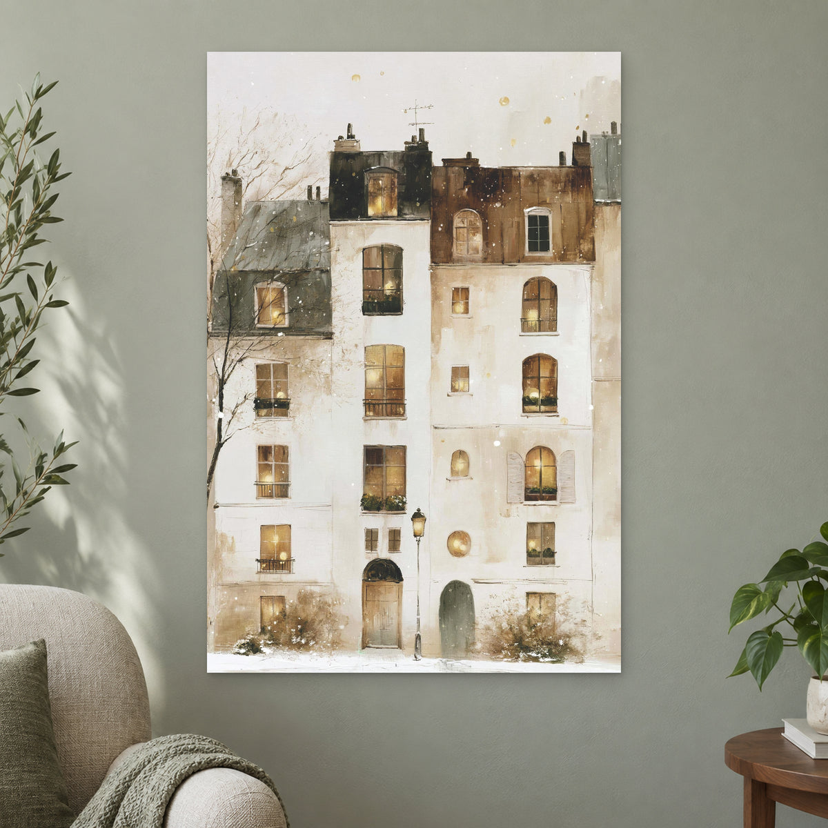 Snowfall in Paris Watercolour canvas wall art on a sage green wall beside a cream armchair