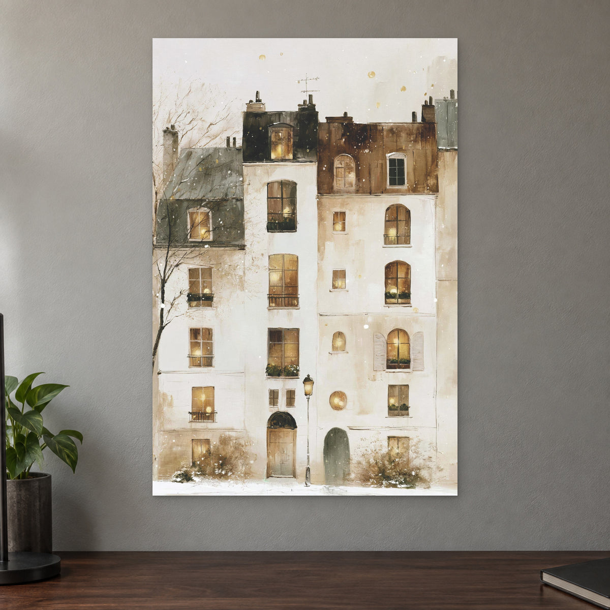 Snowfall in Paris Watercolour canvas wall art on a taupe wall above a dark walnut sideboard with a potted plant