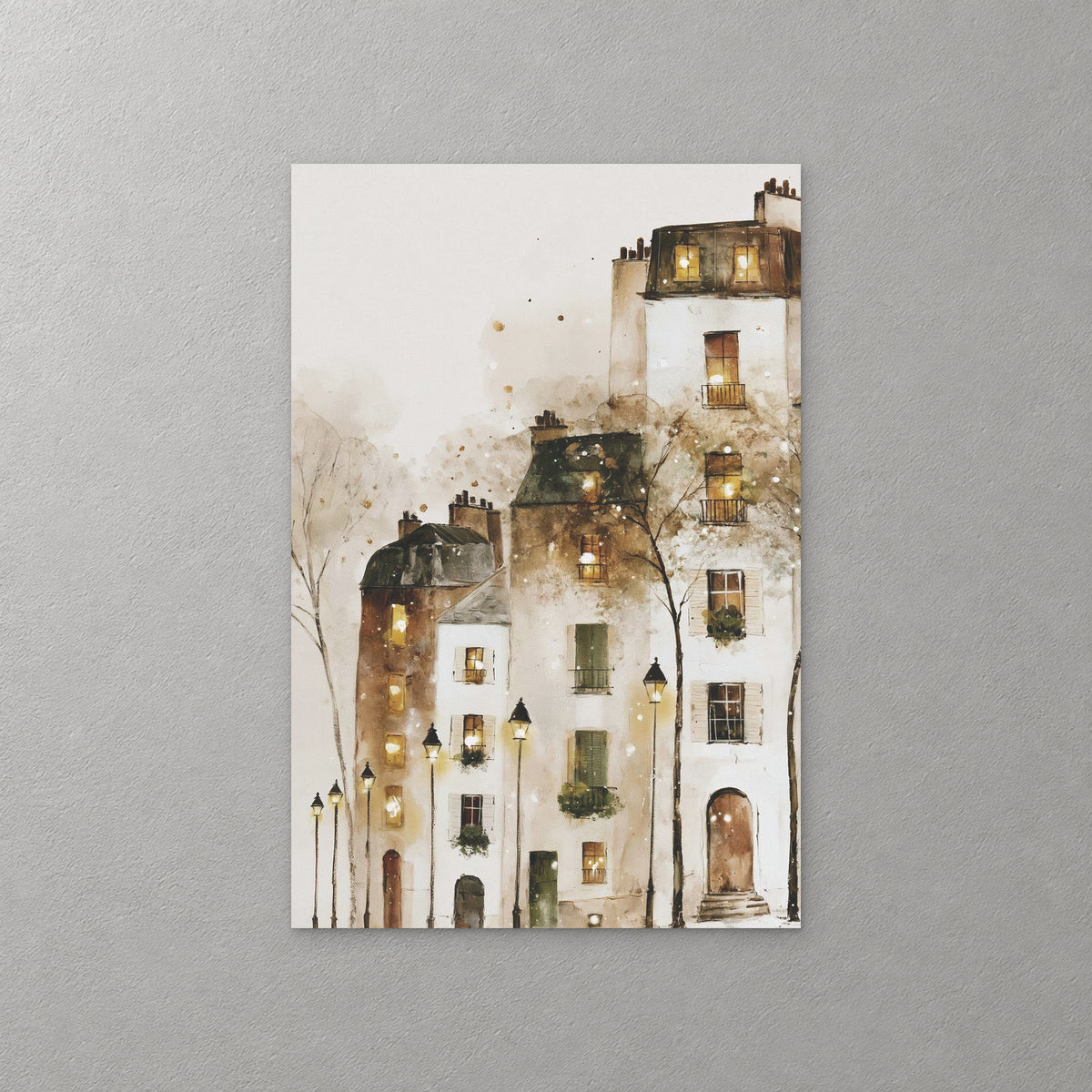 Paris rooftops and chimneys rise above tall white buildings with glowing windows, street lamps and bare trees, in brown and cream washes — canvas wall art print