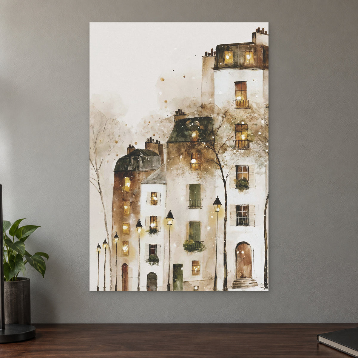 Paris Rooftops in the Snow canvas wall art on a taupe wall above a dark walnut sideboard with a potted plant