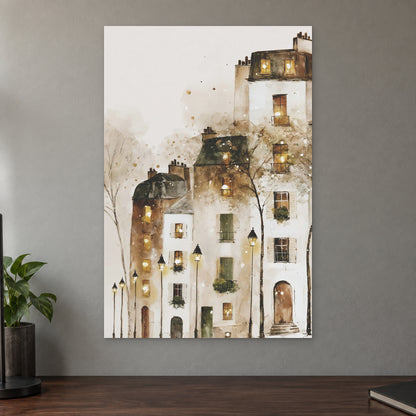 Paris Rooftops in the Snow canvas wall art on a taupe wall above a dark walnut sideboard with a potted plant