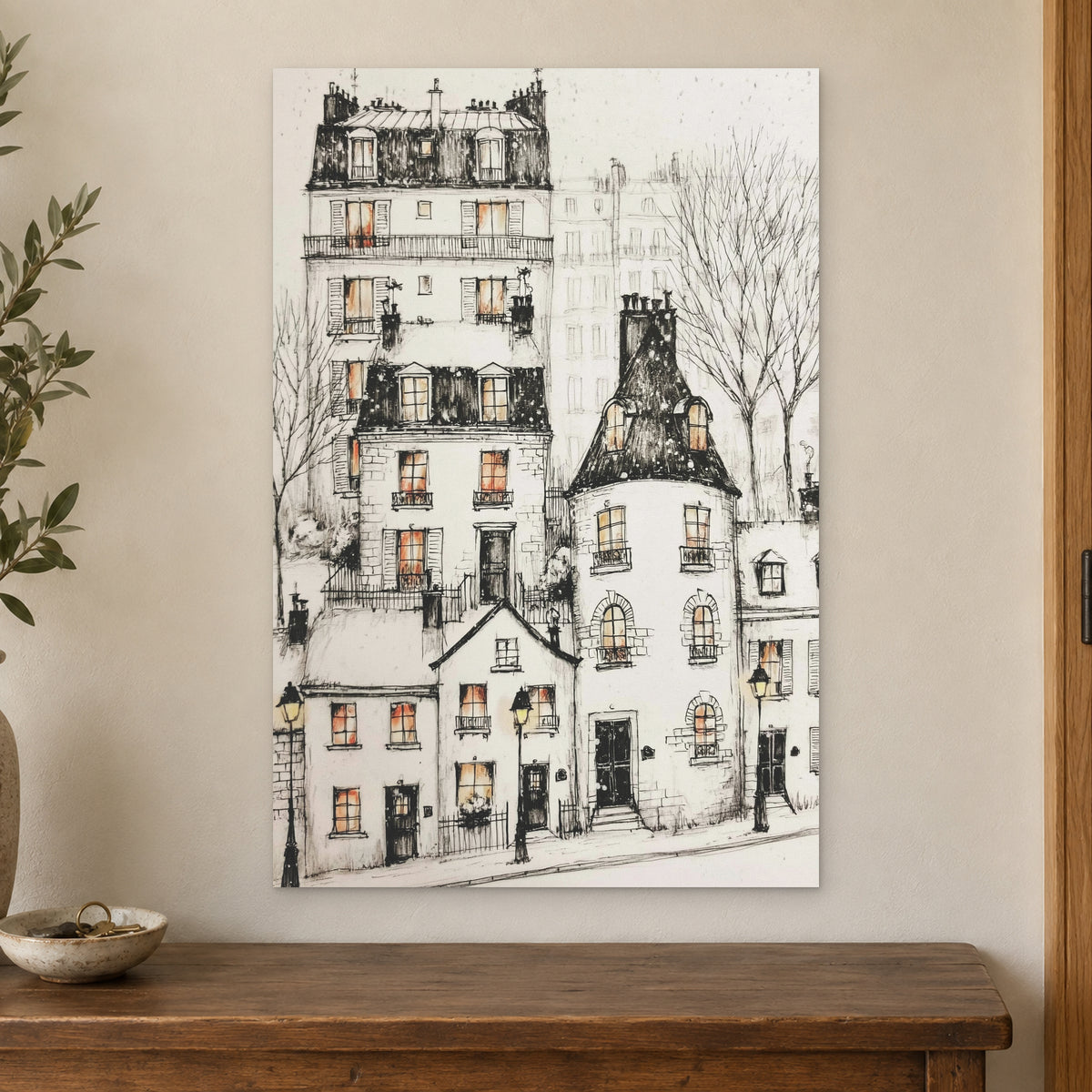 Paris Corner Pen and Ink canvas wall art on a cream wall above a wooden sideboard beside a door frame