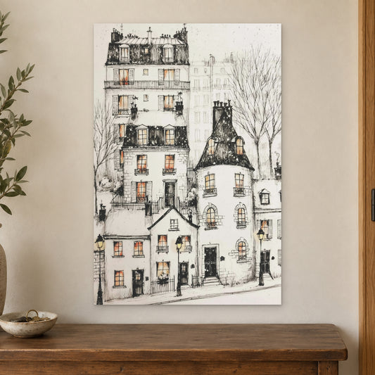 Paris Corner Pen and Ink canvas wall art on a cream wall above a wooden sideboard beside a door frame