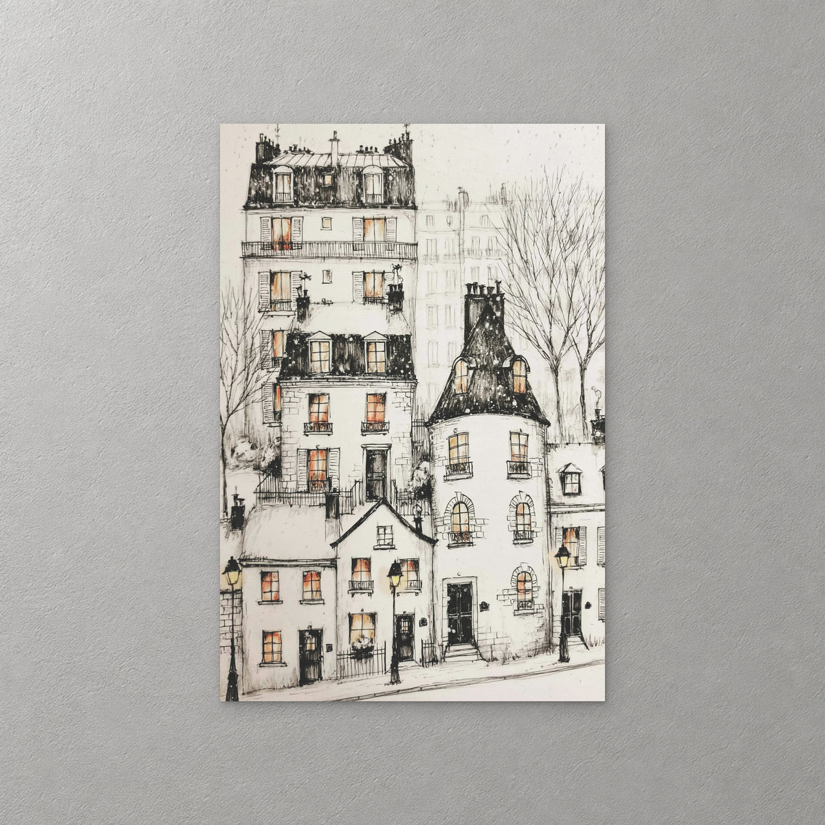 A Paris street corner of white buildings with dark mansard roofs, round turrets and lit windows, drawn in fine black pen and ink — canvas wall art print