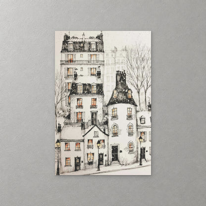 A Paris street corner of white buildings with dark mansard roofs, round turrets and lit windows, drawn in fine black pen and ink — canvas wall art print