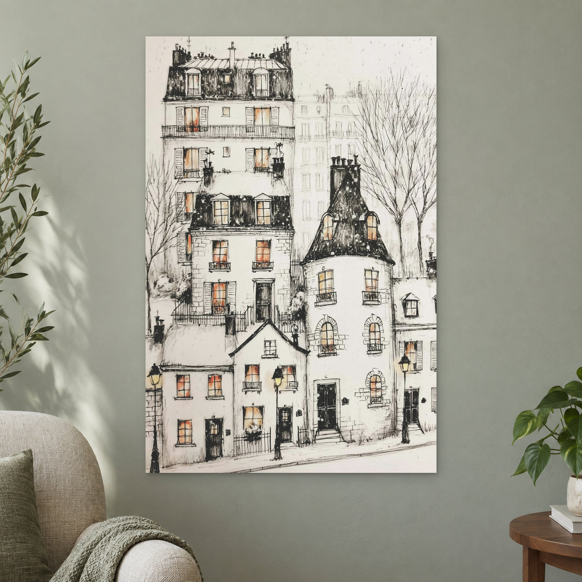 Paris Corner Pen and Ink canvas wall art on a sage green wall beside a cream armchair