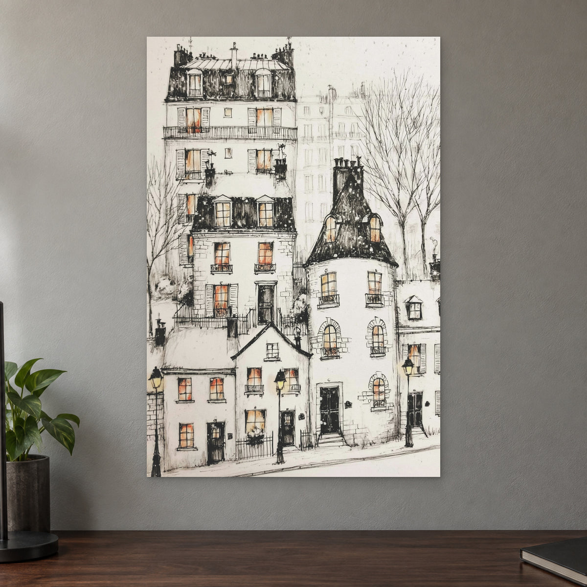 Paris Corner Pen and Ink canvas wall art on a taupe wall above a dark walnut sideboard with a potted plant