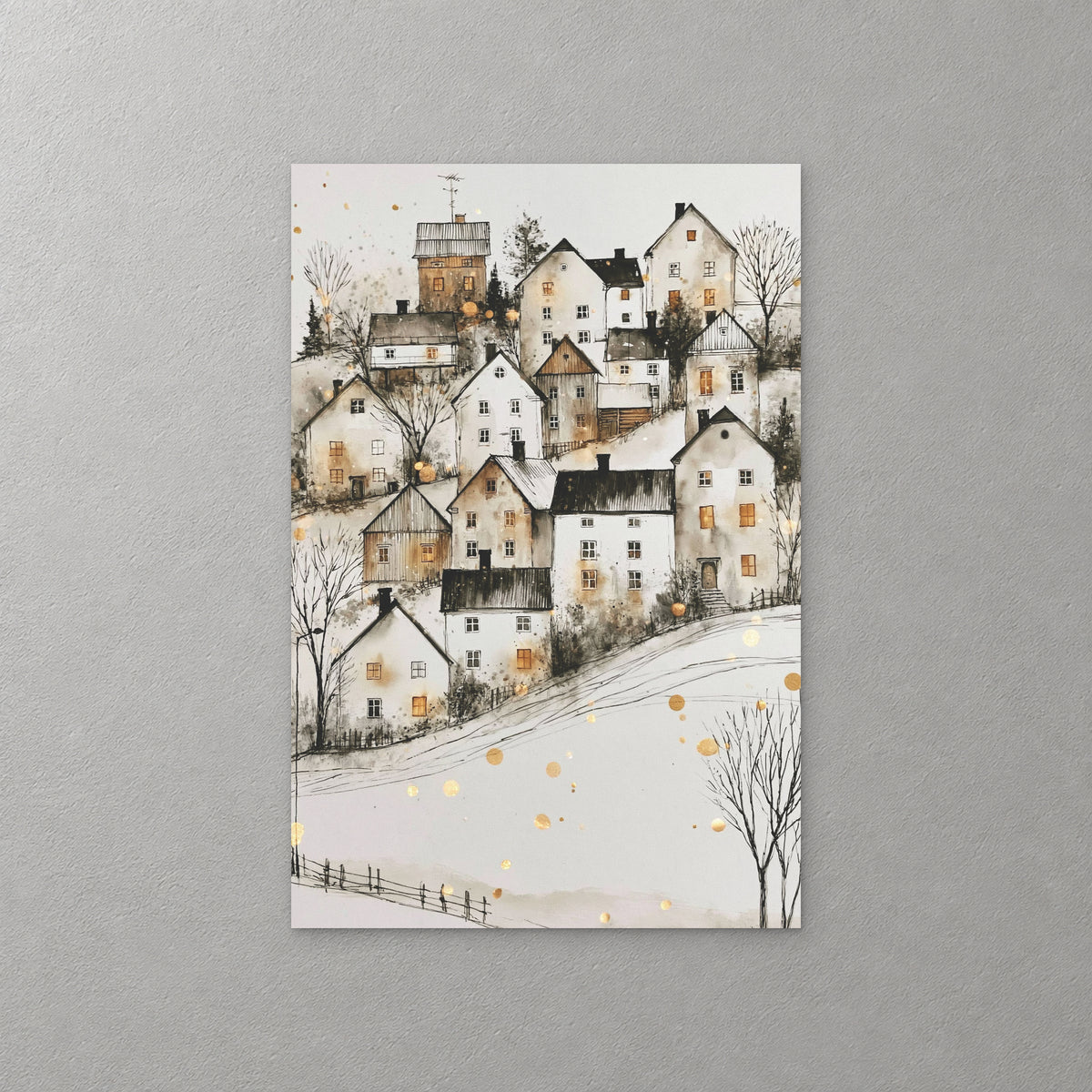 Cream and ochre houses with dark roofs crowd a snowy Scandinavian hillside, bare trees at the edges and small gold flecks across the snow — canvas wall art print