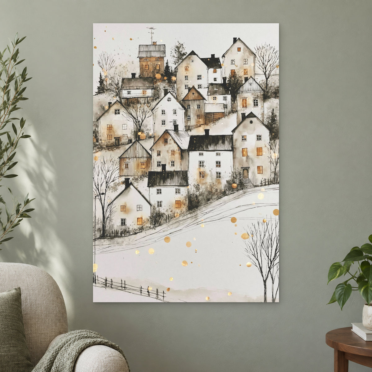 Scandinavian Hillside Gold Fleck canvas wall art on a sage green wall beside a cream armchair