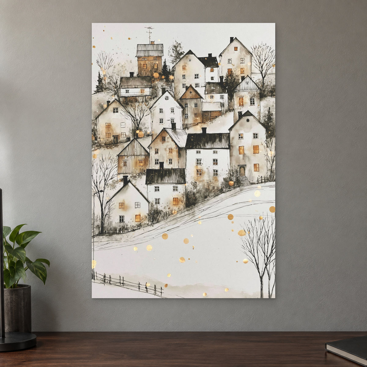 Scandinavian Hillside Gold Fleck canvas wall art on a taupe wall above a dark walnut sideboard with a potted plant