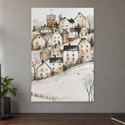 Scandinavian Hillside Gold Fleck canvas wall art on a taupe wall above a dark walnut sideboard with a potted plant