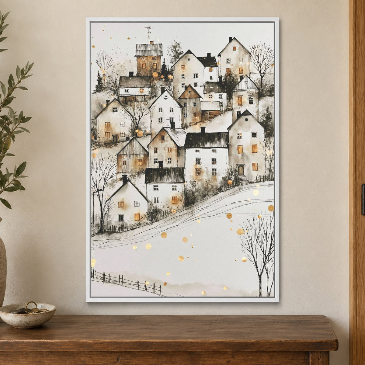 Scandinavian Hillside Gold Fleck framed canvas in a white floating frame on a cream wall above a wooden sideboard beside a door frame