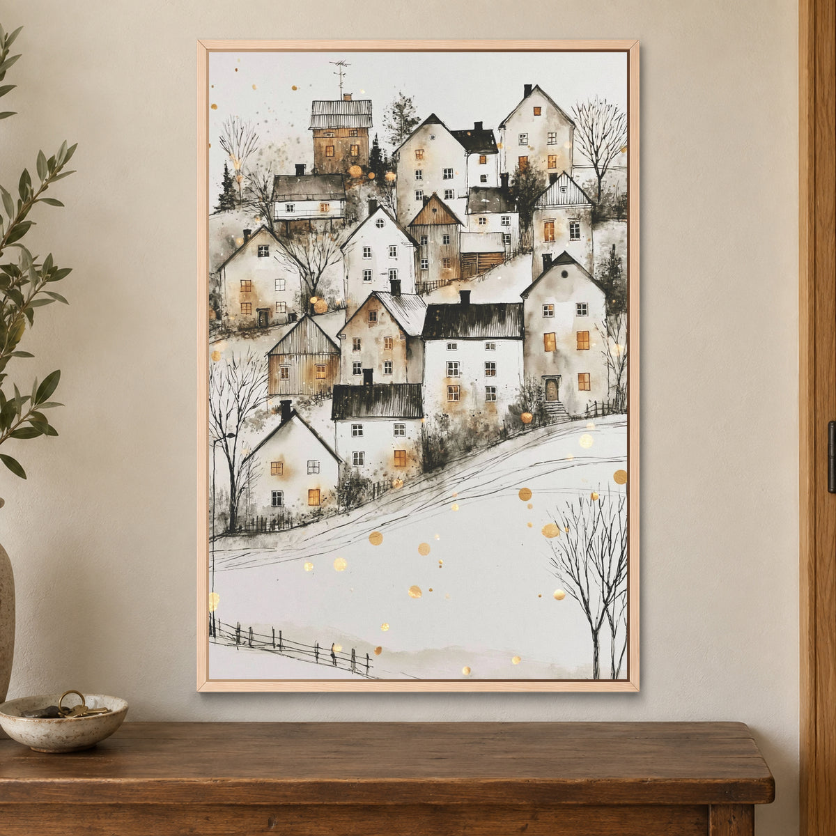 Scandinavian Hillside Gold Fleck framed canvas in a natural wood floating frame on a cream wall above a wooden sideboard beside a door frame