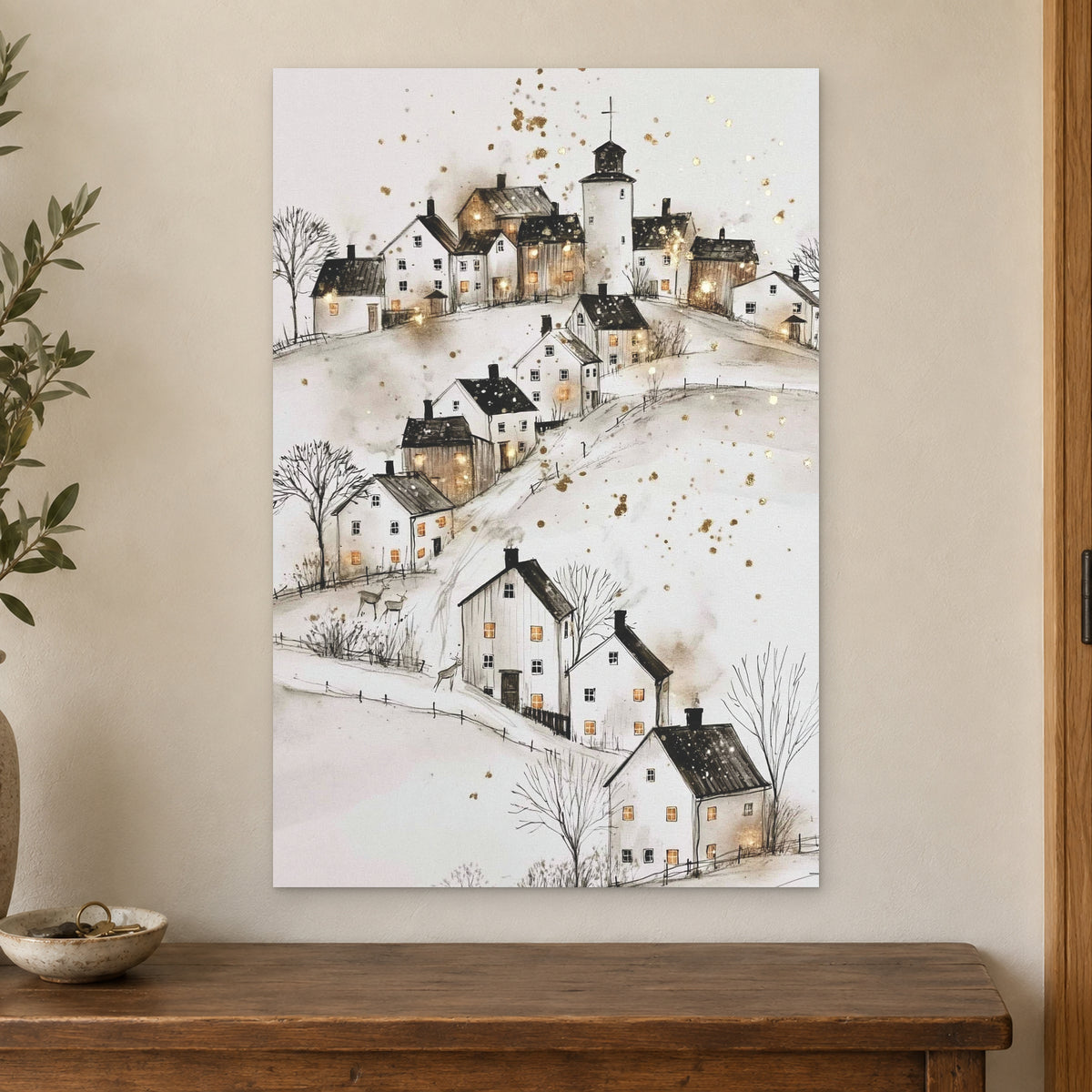 Church on the Hill Nordic canvas wall art on a cream wall above a wooden sideboard beside a door frame