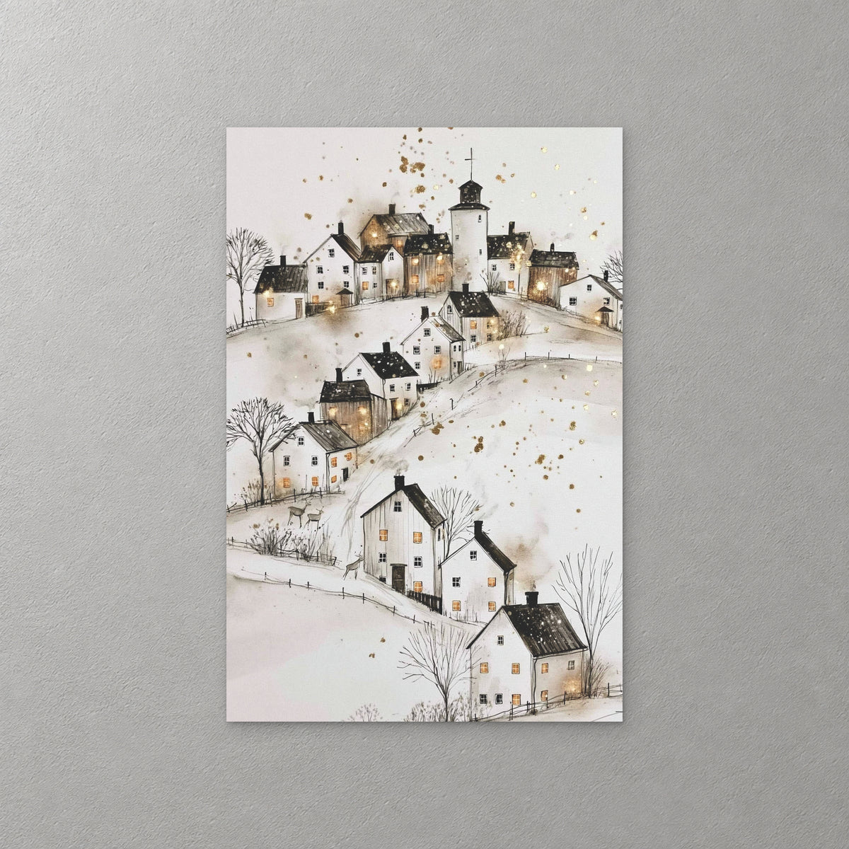 A small church tower stands among white houses with dark roofs on a snowy hill, drawn in ink with soft gold and grey washes — canvas wall art print