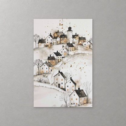 A small church tower stands among white houses with dark roofs on a snowy hill, drawn in ink with soft gold and grey washes — canvas wall art print