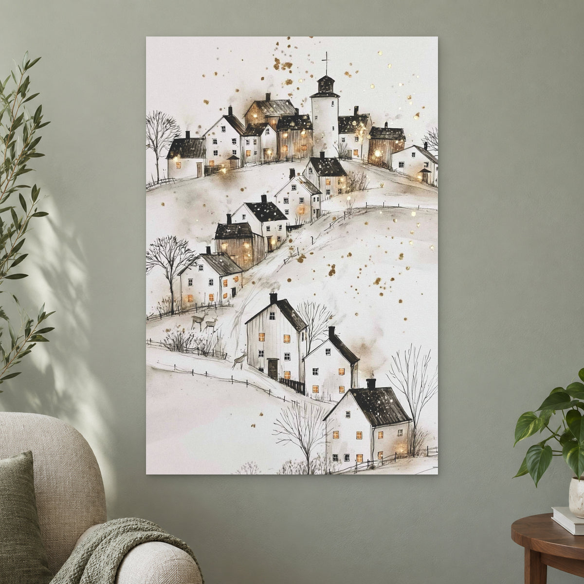 Church on the Hill Nordic canvas wall art on a sage green wall beside a cream armchair