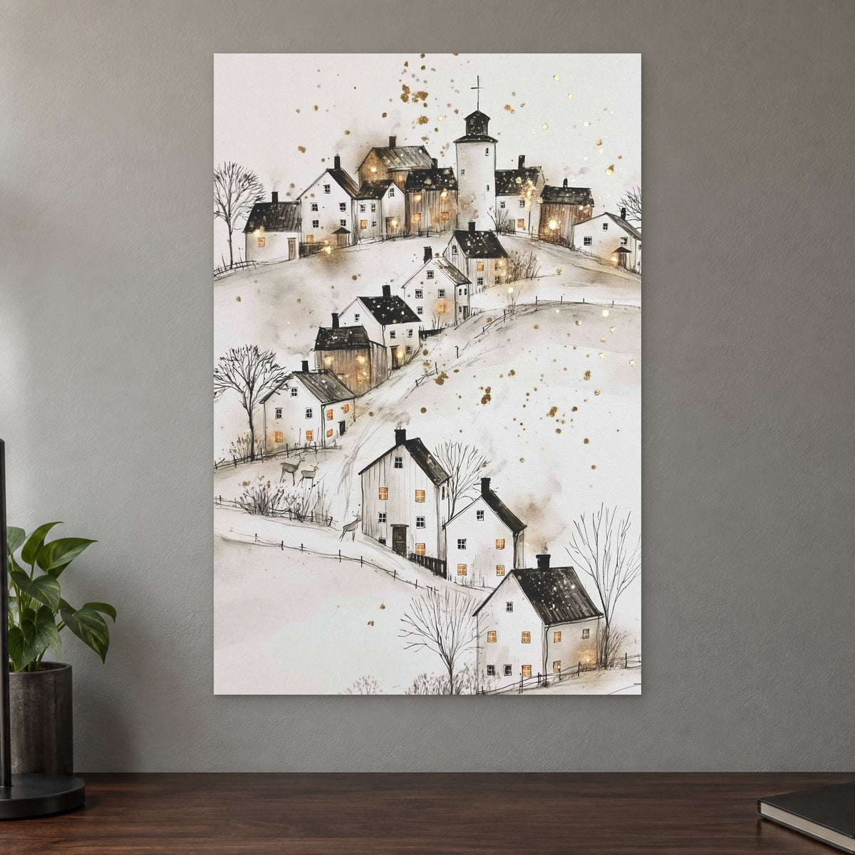 Church on the Hill Nordic canvas wall art on a taupe wall above a dark walnut sideboard with a potted plant