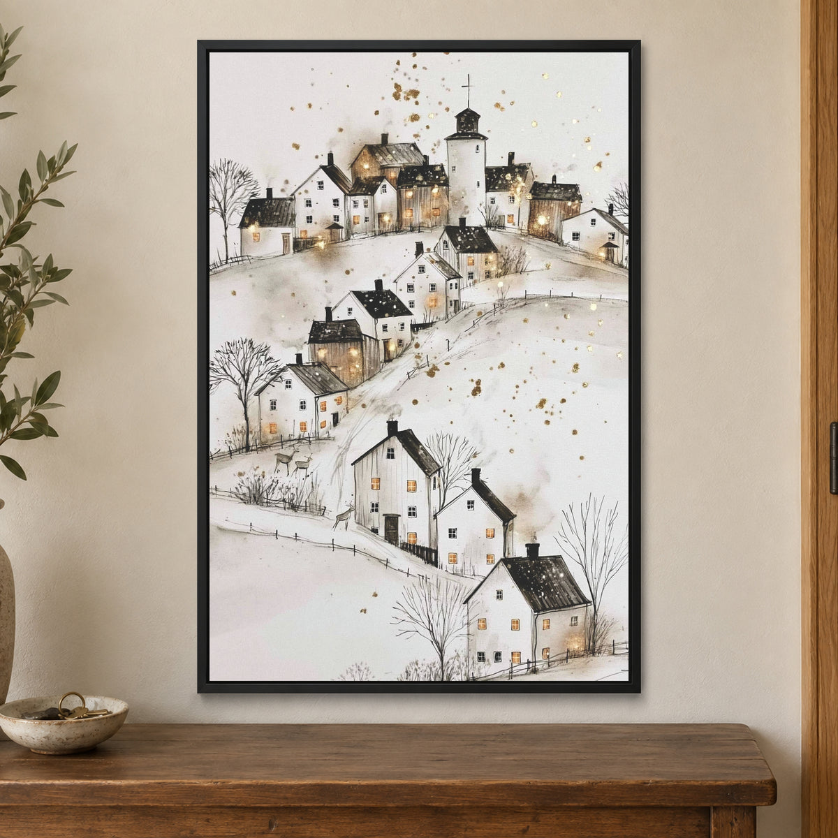 Church on the Hill Nordic framed canvas in a black floating frame on a cream wall above a wooden sideboard beside a door frame