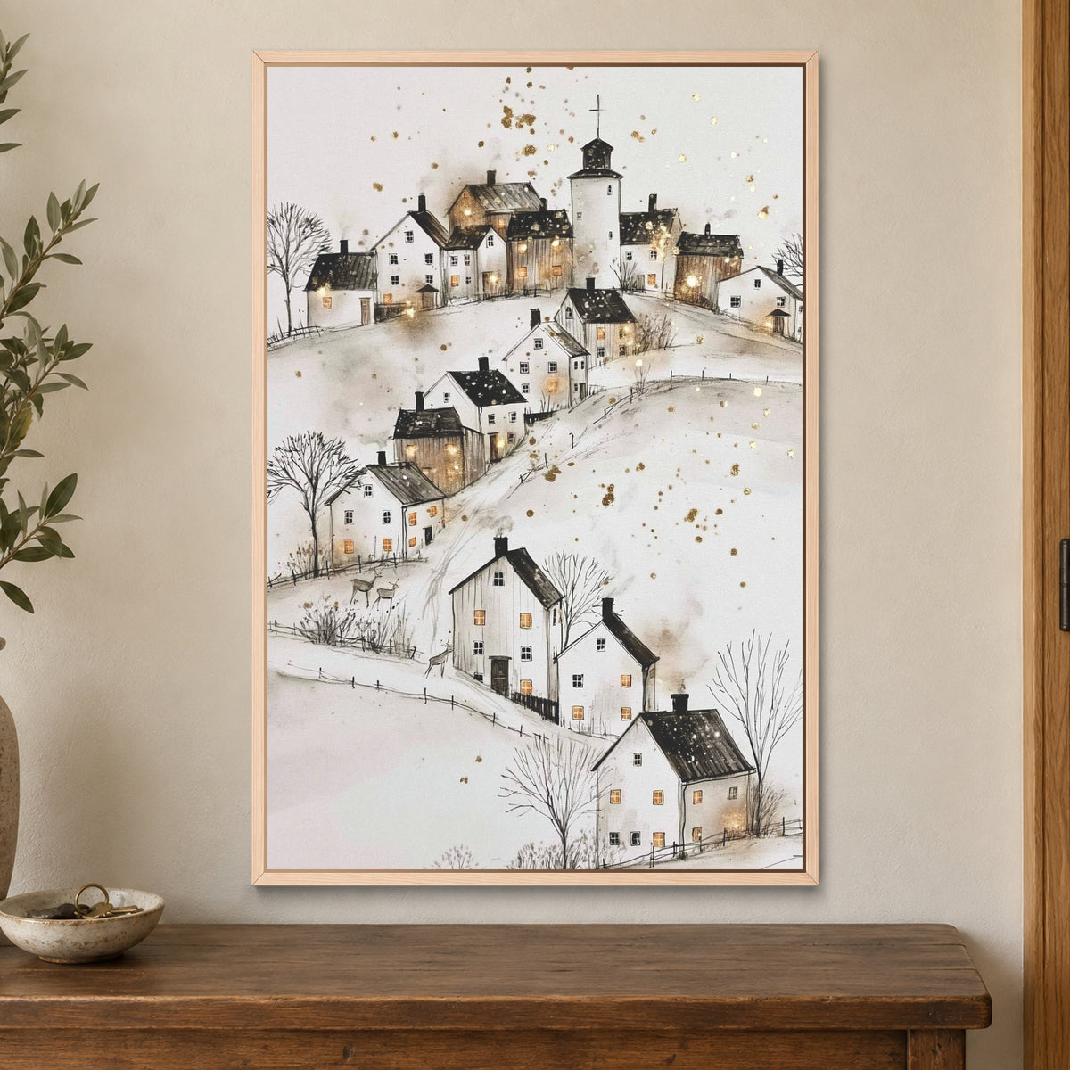 Church on the Hill Nordic framed canvas in a natural wood floating frame on a cream wall above a wooden sideboard beside a door frame