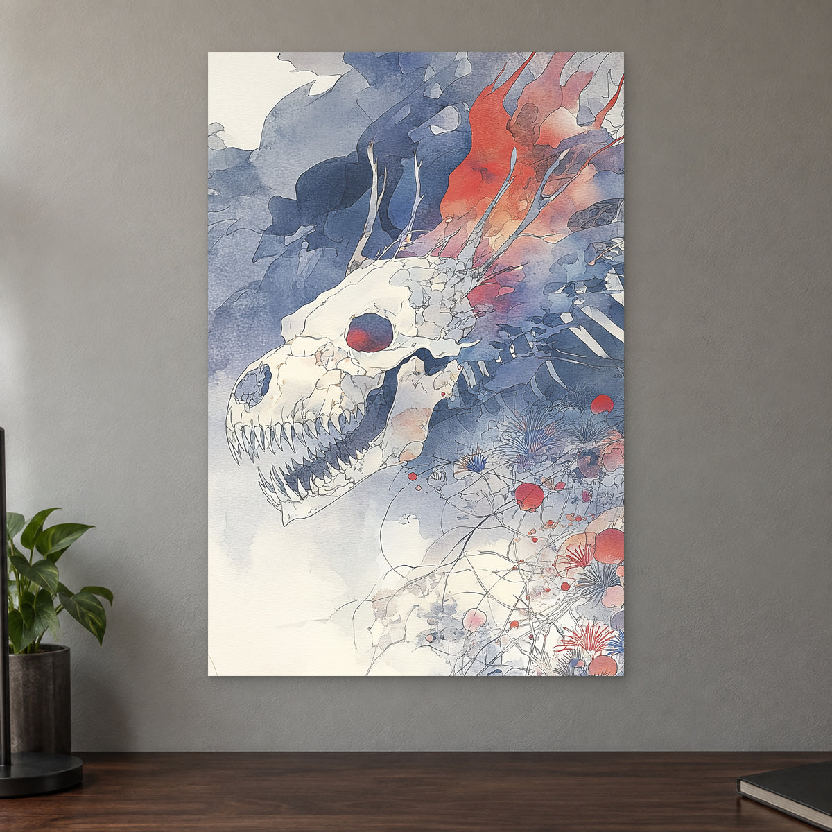 Dragon Skull and Wildflowers canvas wall art on a taupe wall above a dark walnut sideboard with a potted plant