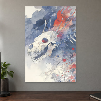 Dragon Skull and Wildflowers canvas wall art on a taupe wall above a dark walnut sideboard with a potted plant