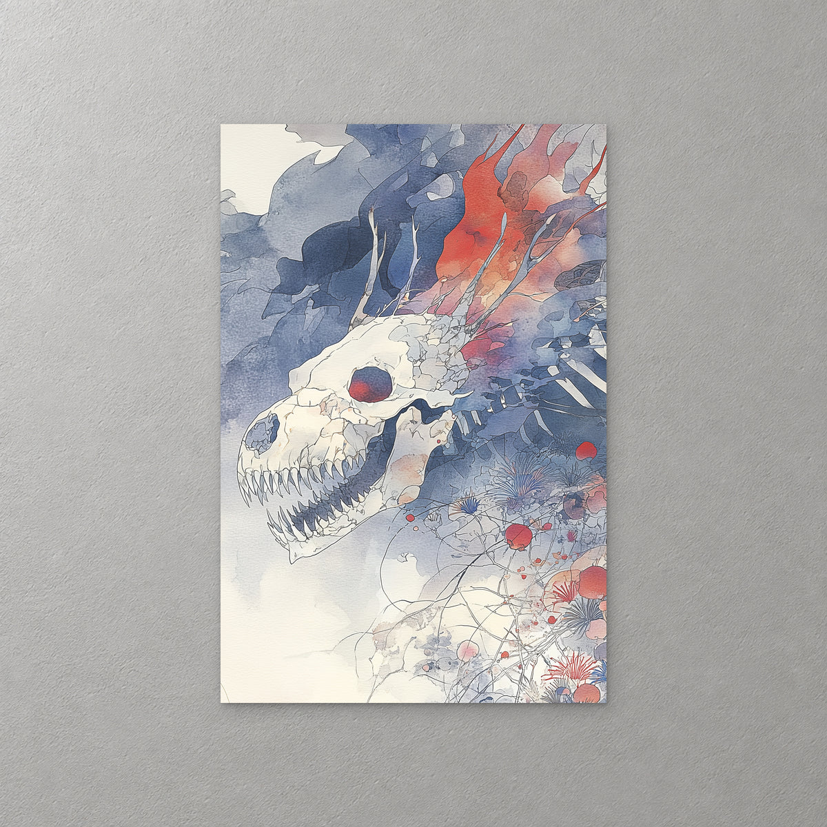A pale dragon skull with bared teeth and one red eye drifts through washes of slate blue and coral, with small red wildflowers and fine branches below — canvas wall art print