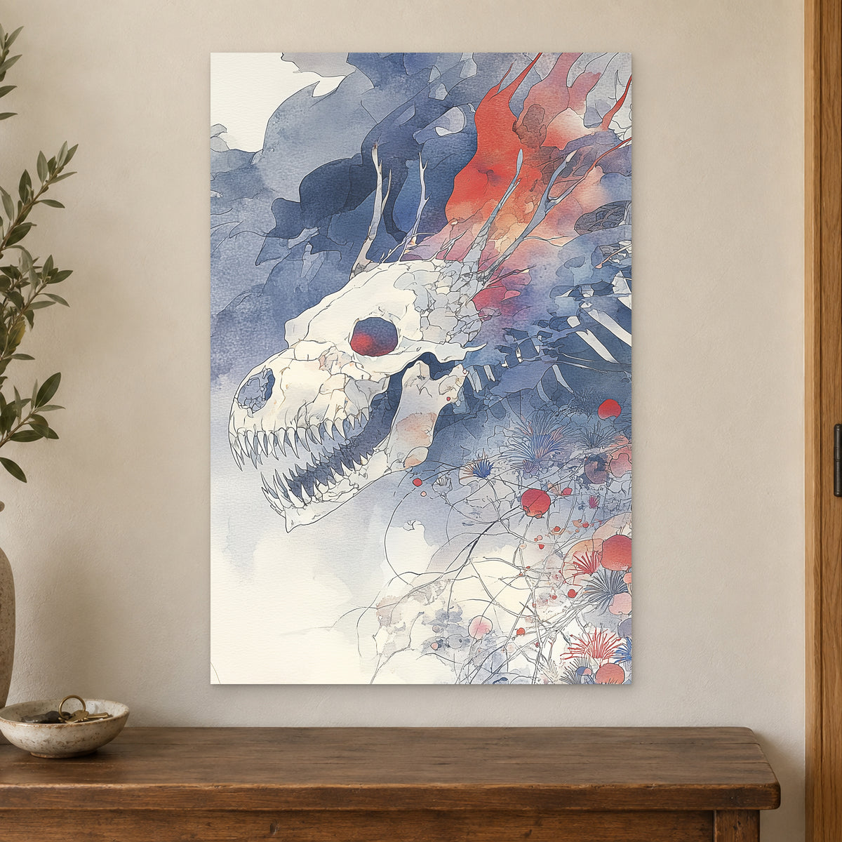 Dragon Skull and Wildflowers canvas wall art on a cream wall above a wooden sideboard beside a door frame
