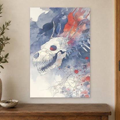 Dragon Skull and Wildflowers canvas wall art on a cream wall above a wooden sideboard beside a door frame