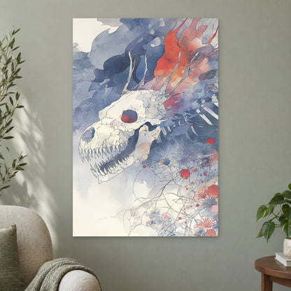 Dragon Skull and Wildflowers canvas wall art on a sage green wall beside a cream armchair
