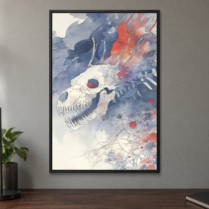 Dragon Skull and Wildflowers framed canvas in a black floating frame on a taupe wall above a dark walnut sideboard with a potted plant