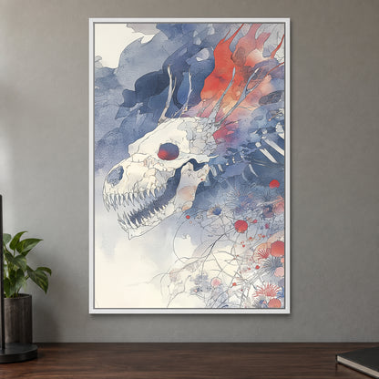 Dragon Skull and Wildflowers framed canvas in a white floating frame on a taupe wall above a dark walnut sideboard with a potted plant