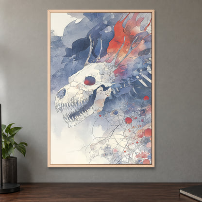 Dragon Skull and Wildflowers framed canvas in a natural wood floating frame on a taupe wall above a dark walnut sideboard with a potted plant