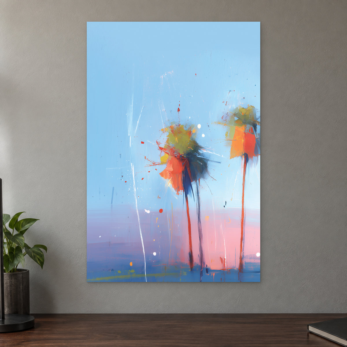 Palms Coming Apart canvas wall art on a taupe wall above a dark walnut sideboard with a potted plant