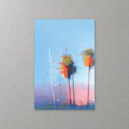 Two palm trees with bursts of orange, red and green fronds stand against a bright sky blue background, fading into pink and blue at the base — canvas wall art print