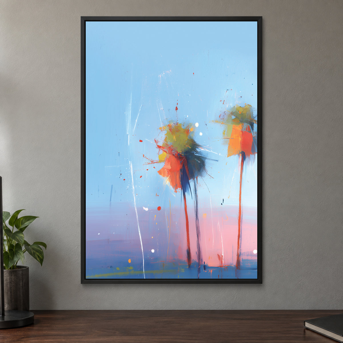 Palms Coming Apart framed canvas in a black floating frame on a taupe wall above a dark walnut sideboard with a potted plant