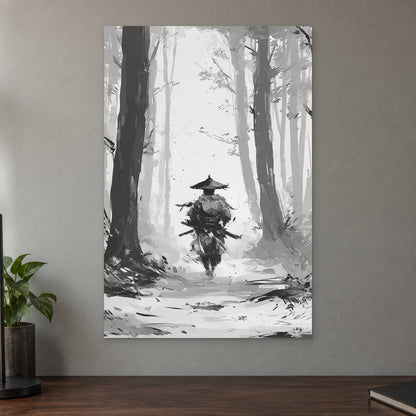 Samurai in the Snowy Woods canvas wall art on a taupe wall above a dark walnut sideboard with a potted plant