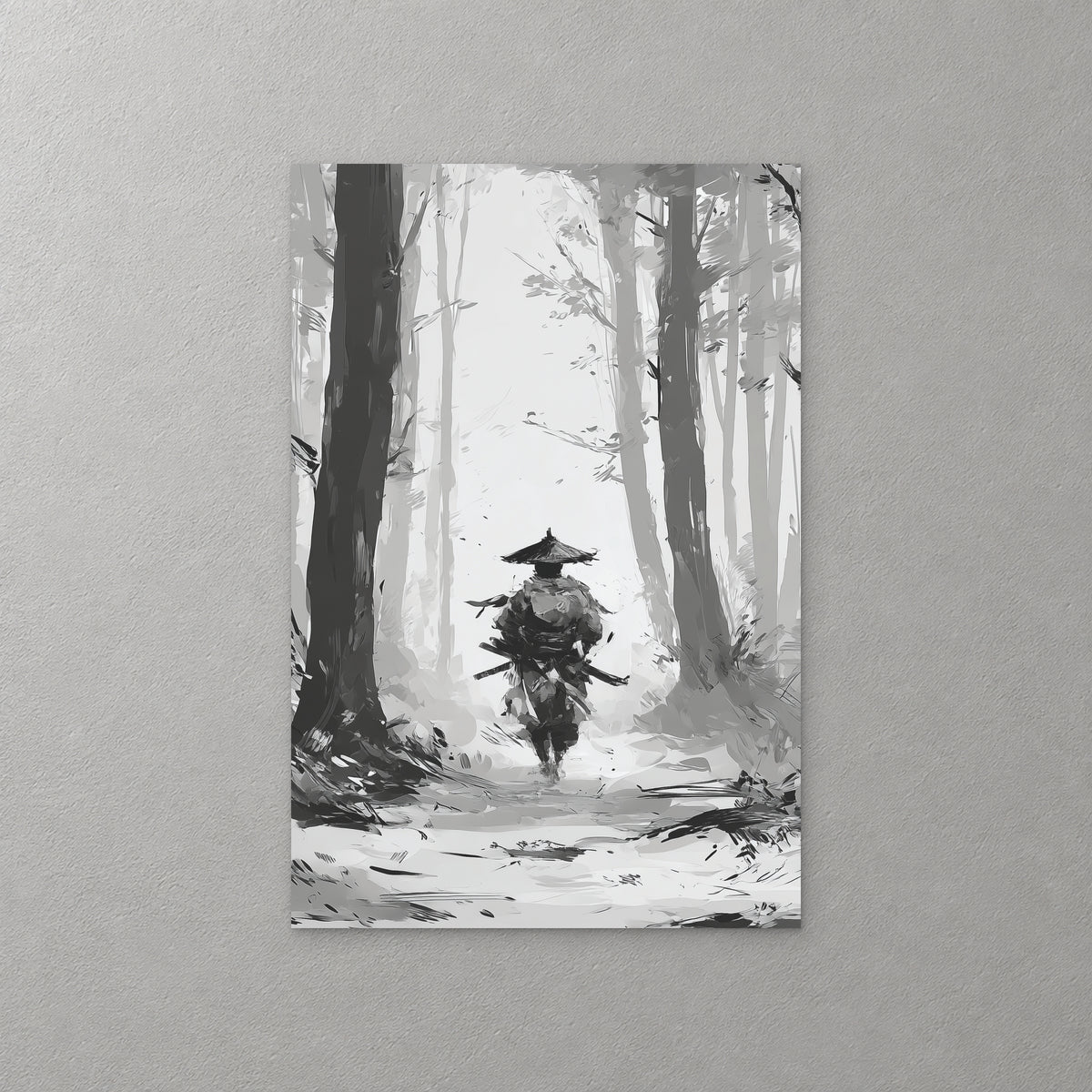 A lone samurai in a wide straw hat walks toward you through a snowy forest of tall dark trunks, in black, grey and white — canvas wall art print