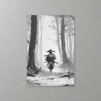 A lone samurai in a wide straw hat walks toward you through a snowy forest of tall dark trunks, in black, grey and white — canvas wall art print