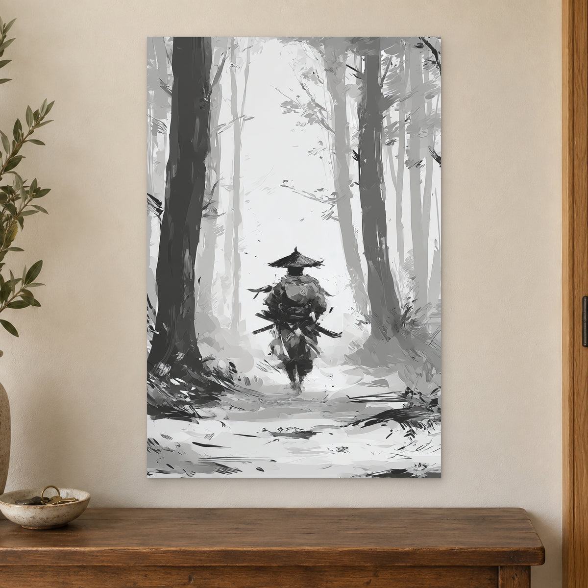 Samurai in the Snowy Woods canvas wall art on a cream wall above a wooden sideboard beside a door frame